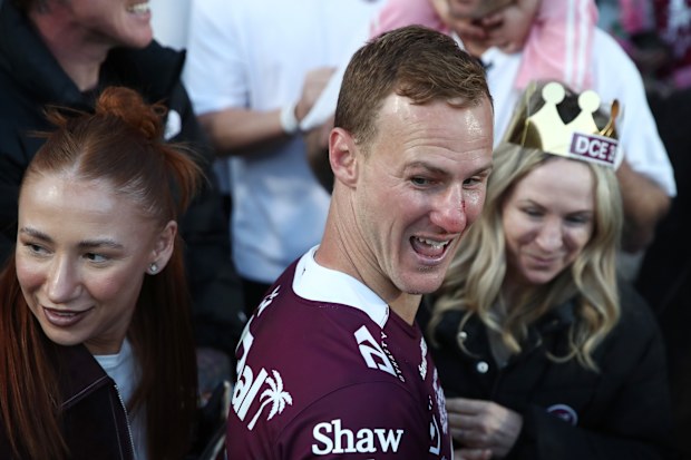 SYDNEY, AUSTRALIA - AUGUST 23: Daly Cherry-Evans of the Sea Eagles celebrates victory after playing his 350th game following the round 25 NRL match between Manly Sea Eagles and Dolphins at 4 Pines Park on August 23, 2025 in Sydney, Australia. (Photo by Jason McCawley/Getty Images)