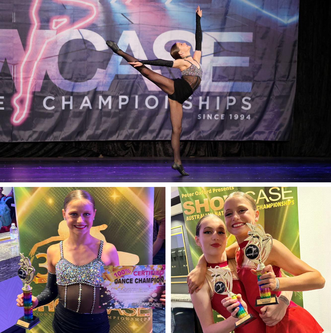 A mosaic of three images showing a girl dancing on stage and others with girls holding trophies.