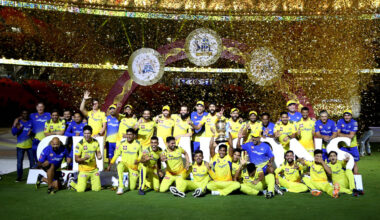 The CSK players pose with the IPL 2023 trophy