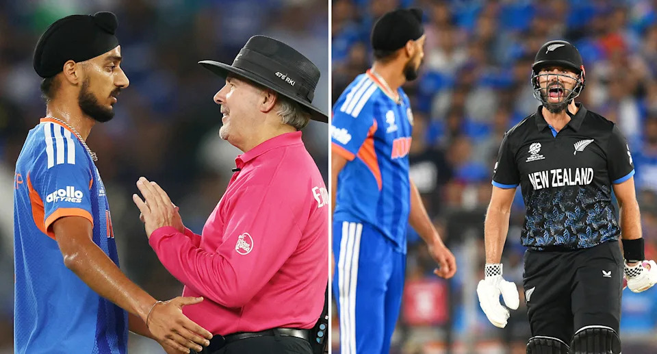 The umpire had to step in during the T20 World Cup final after India quick Arshdeep Singh (L) threw a ball into New Zealand batter Daryl Mitchell's leg that sparked heated scenes. Pic: Getty 

