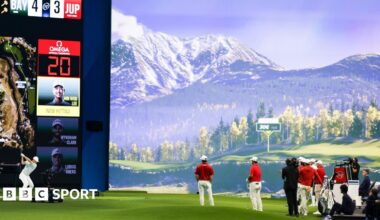 A man hitting a shot on an indoor golf simulator