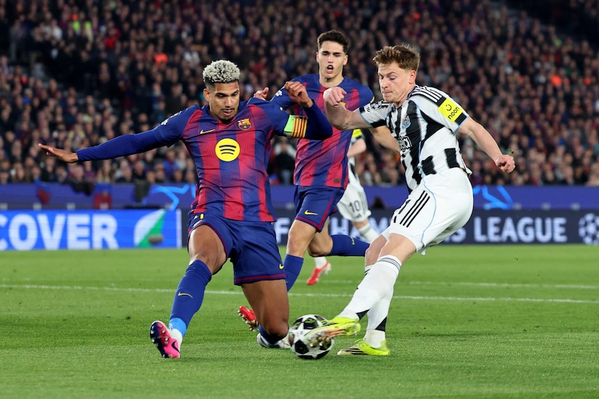 Barcelona's Ronald Araujo attempting to block a pass from Newcastle United's Harvey Barnes