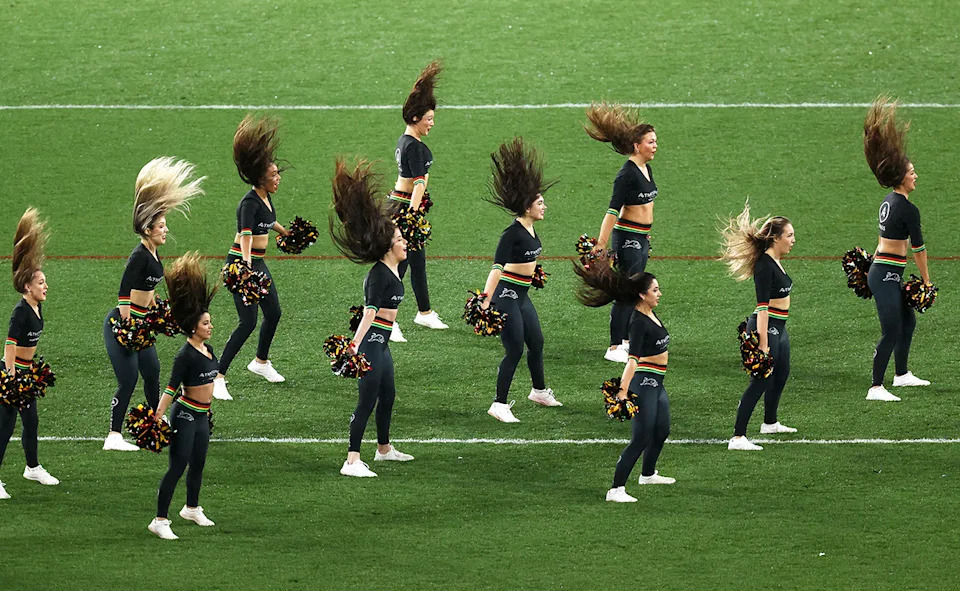 Panthers cheerleaders, pictured here performing before an NRL game in 2024.