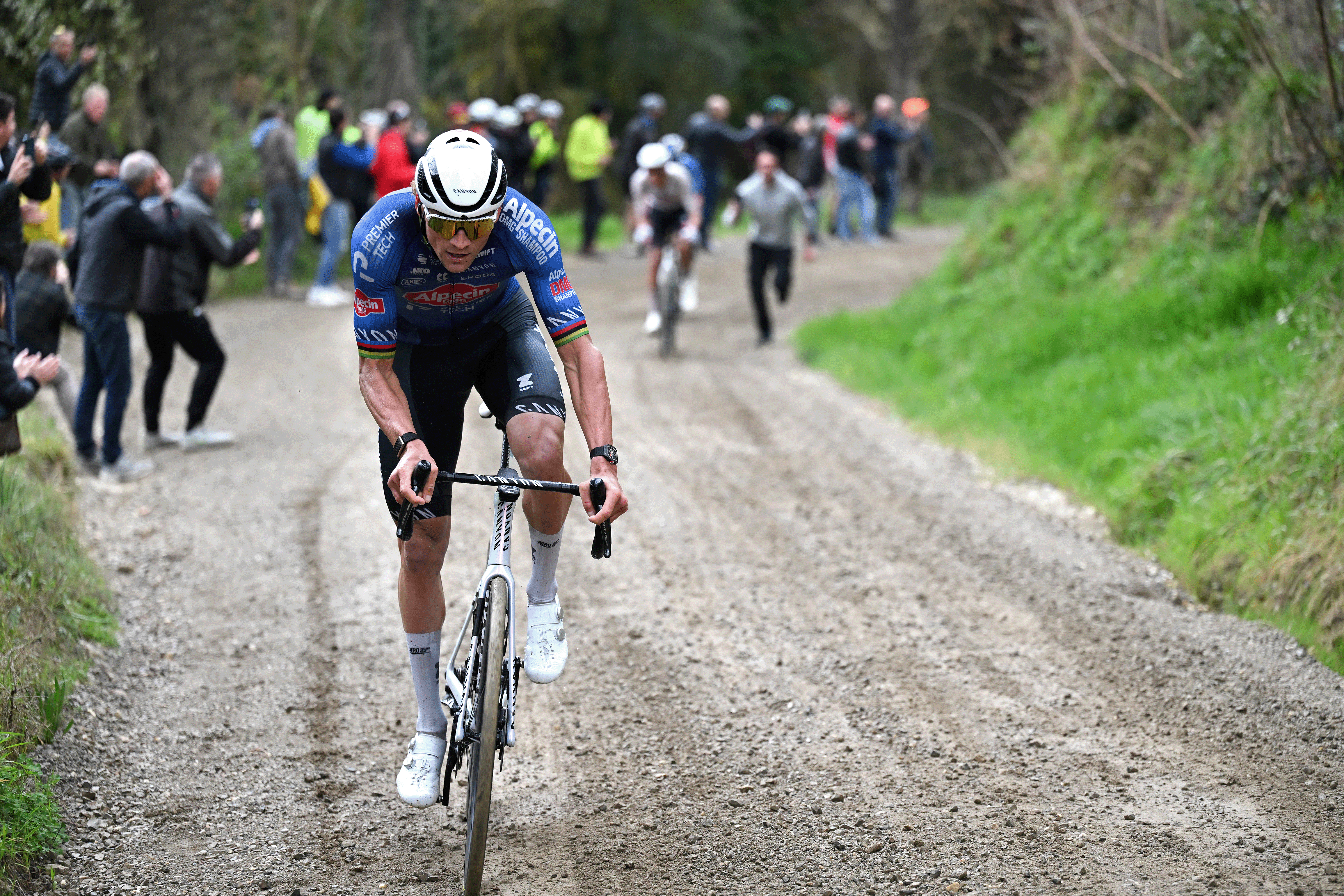 SAN GIMIGNANO, ITALY - MARCH 10: Mathieu van der Poel of Netherlands and Team Alpecin-Premier Tech attacks during the 61st Tirreno-Adriatico 2026, Stage 2 a 206km stage from Camaiore to San Gimignano 332m / #UCIWT / on March 10, 2026 in San Gimignano, Italy. (Photo by Tim de Waele/Getty Images)