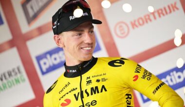 Great Britain's Matthew Brennan of Team Visma-Lease a Bike celebrates on the podium after winning the 78th edition of the men elite race of the Kuurne-Brussels-Kuurne one day cycling race, 195 km from Kuurne to Kuurne via Brussels, Sunday 01 March 2026. BELGA PHOTO DAVID PINTENS (Photo by DAVID PINTENS / BELGA MAG / Belga via AFP)