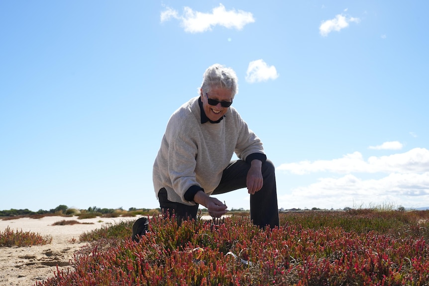 She grins and kneels beside the salt marsh