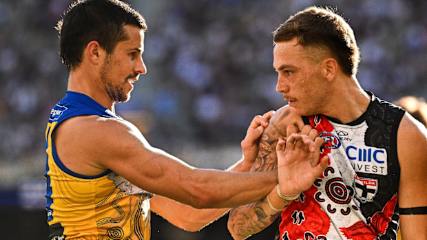 Liam Duggan of West Coast and Lance Collard of St Kilda.