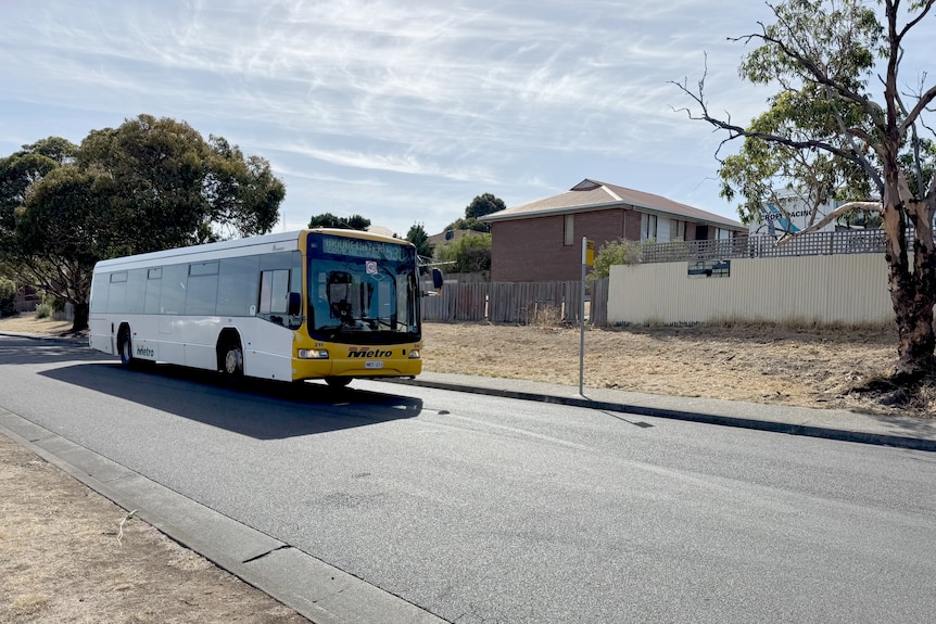 A bus drives past a bus stop sign on an empty suburban road.
