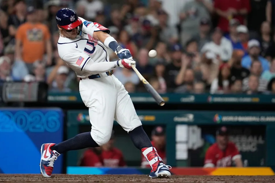 Aaron Judge flies out during the fifth inning of Team USA’s 9-1 blowout win over Great Britain in a World Baseball Classic game on March 7, 2026, in Houston. AP