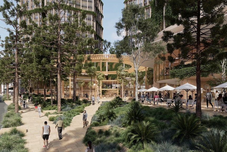 An artists's impression of an urban village at the bottom of a tower