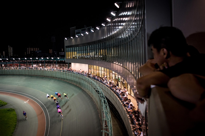 Spectators watch Japanese keirin racing