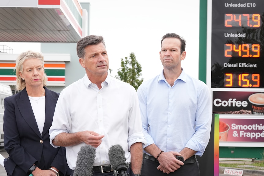 Angus Taylor, Bridget McKenzie and Matt Canavan at a petrol station