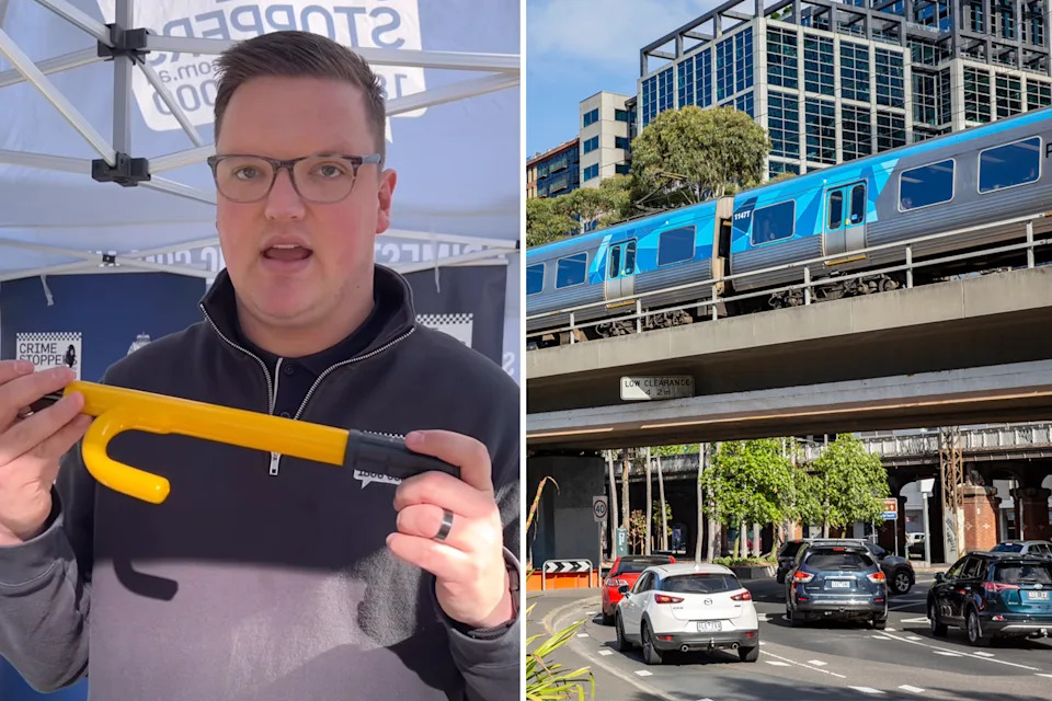 Left: An officer holds a bump lock. Right: A road in Melbourne city. 