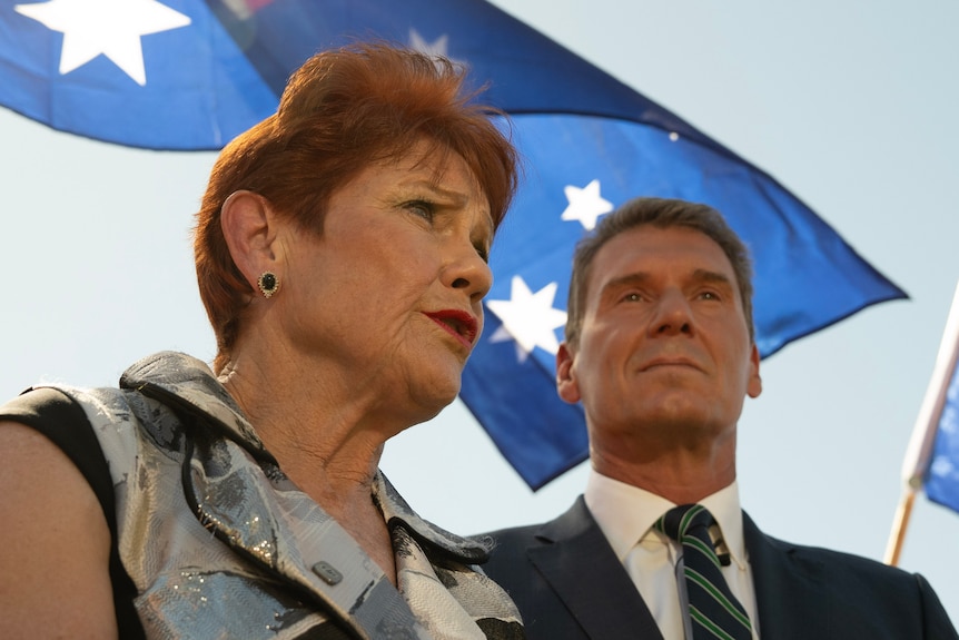 A woman and a man — Pauline Hanson and Cory Bernardi — with an Australian flag flying behind them.