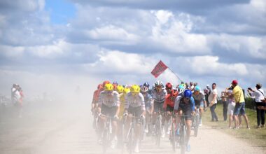 TROYES, FRANCE - JULY 07: (L-R) Tim Wellens of Belgium, Tadej Pogacar of Slovenia - Yellow Leader Jersey, Marc Soler of Spain and UAE Team Emirates, Egan Bernal of Colombia and Team INEOS Grenadiers and Hugo Houle of Canada and Team Israel - Premier Tech compete passing through a gravel strokes sector during the 111th Tour de France 2024, Stage 9 a 199km stage from Troyes to Troyes / #UCIWT / on July 07, 2024 in Troyes, France. (Photo by Bernard Papon - Pool/Getty Images)