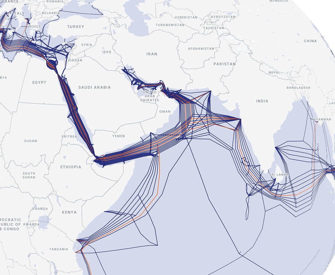 A zoomed out map, showing how cables in the Middle East connect to the wider world.