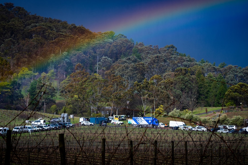 Dozens of cars parked in a rural area with a forest in the background and grass fields in front. A rainbow is seen in the sky