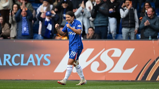 Sam Kerr of Chelsea celebrates after scoring her team's first goal.