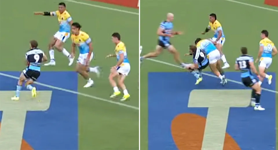 Tino Fa'asuamaleaui, pictured here hitting Blayke Brailey after he passed the ball.