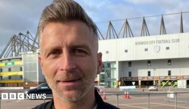 A head-and-shoulders image of a man with grey stubble and grey hair in a quiff. He is standing outside, with Norwich City's Carrow Road stadium behind him