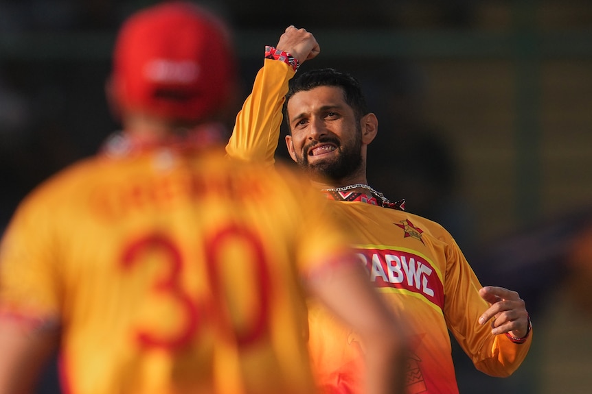 Zimbabwe's captain Sikandar Raza punches the air to celebrate a wicket, smiling