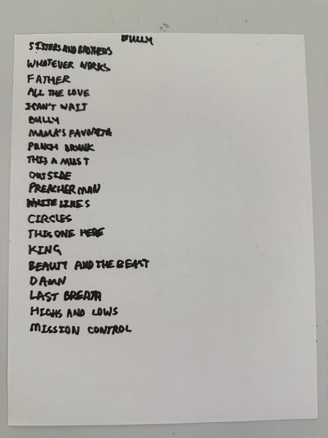The handwritten track list for Bully that Kanye West posted to social media.