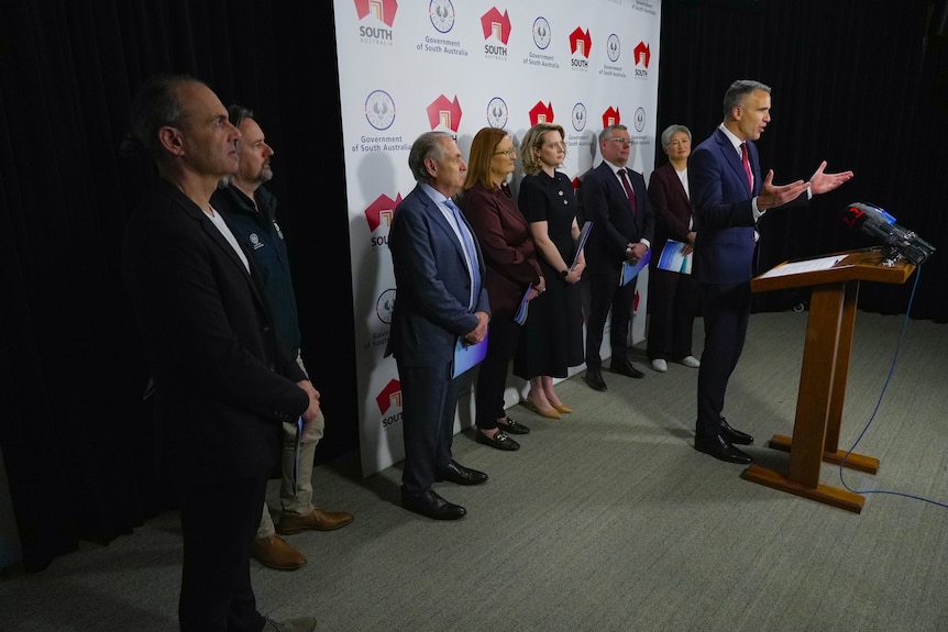 A man in a suit stands at a lectern giving a press conference, with others standing behind him.