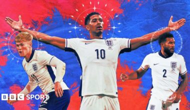 A blue and red graphic overlaid with Lewis Hall, Jude Bellingham and Reece James in white England shirts