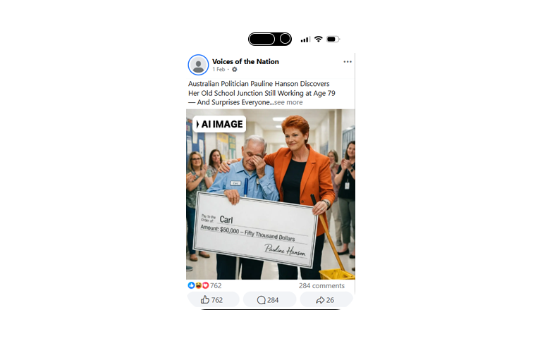 Pauline Hanson wears a red jacket and hands a large cheque worth $50k to a man with a Carl nametag
