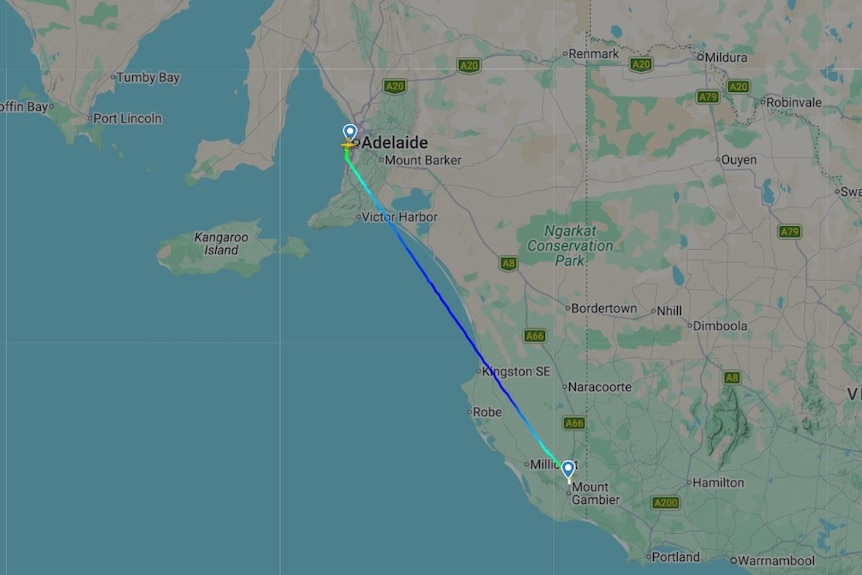 A flight map showing a flight from Adelaide to Mount Gambier