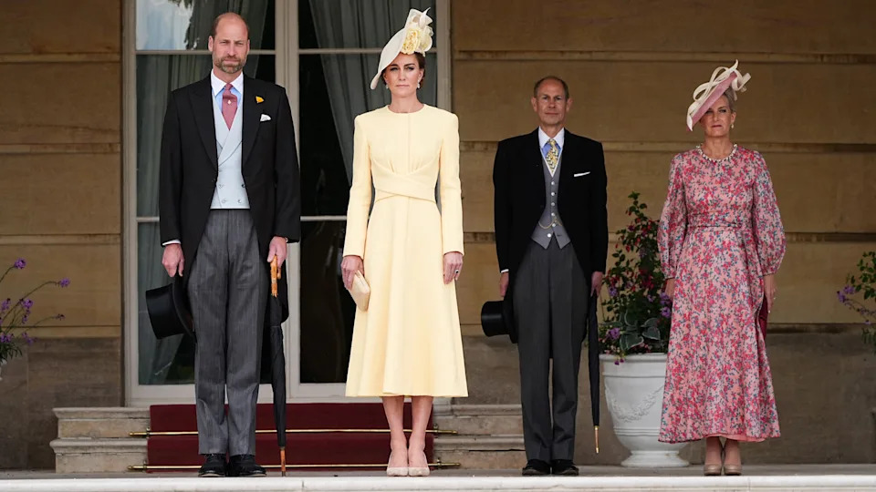 Prince William, Catherine, Princess of Wales, Prince Edward, Duke of Edinburgh and Sophie, Duchess of Edinburgh arrive for a Royal Garden Party at Buckingham Palace in 2025