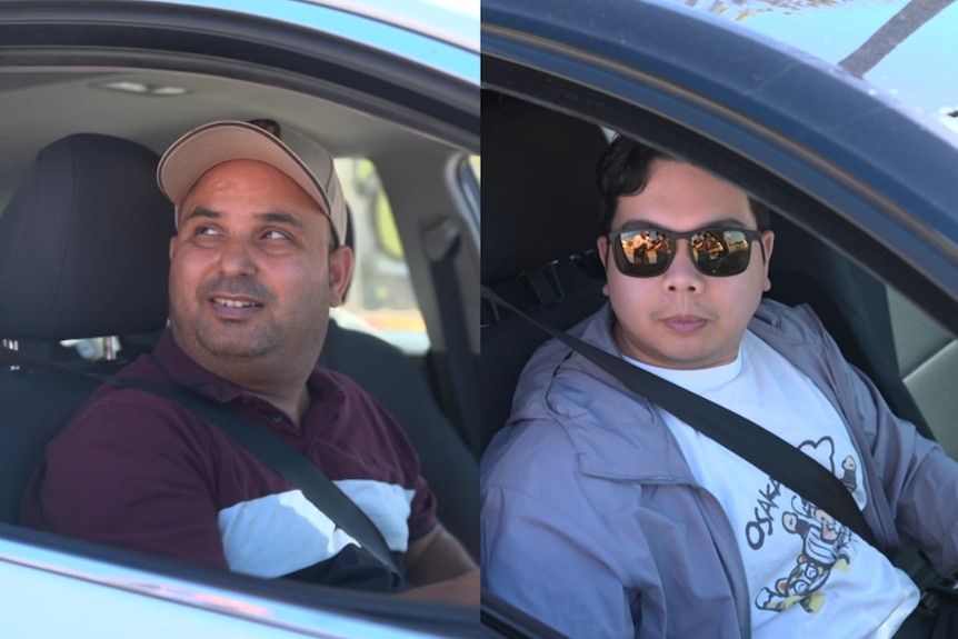 A composite image of two people sitting in their cars