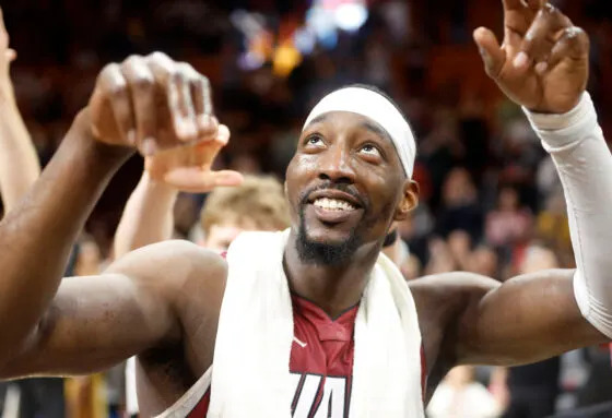 Mar 10, 2026; Miami, Florida, USA; Miami Heat center Bam Adebayo (13) reacts after becoming the NBA's second highest scorer of points in a game against the Wshington Wizards at Kaseya Center. Adebayo scored 83 points. Mandatory Credit: Rhona Wise-Imagn Images
