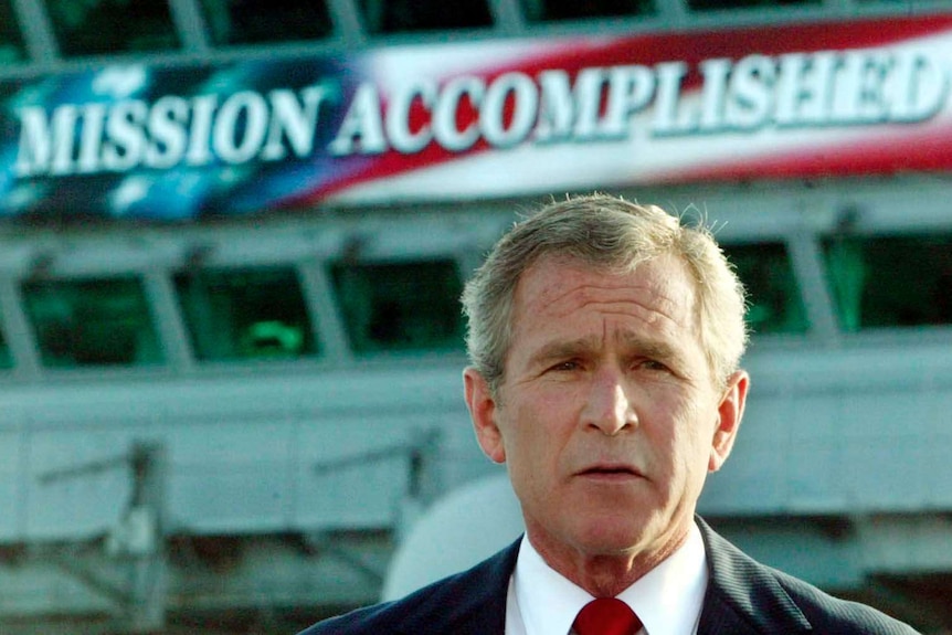 US president George W Bush declares combat operations in Iraq over.