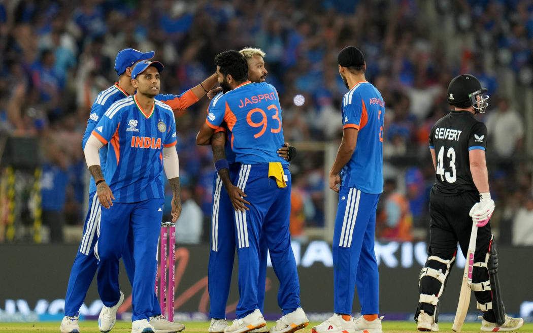 New Zealand Blackcaps v India, Hardik Pandya of India celebrates the wicket of Mark Chapham of New Zealand ICC Men’s T20 World Cup Grand Final at Narendra Modi Stadium, Ahmedabad, India on Sunday 8 March 2026. Photo credit: MB Media / Photosport