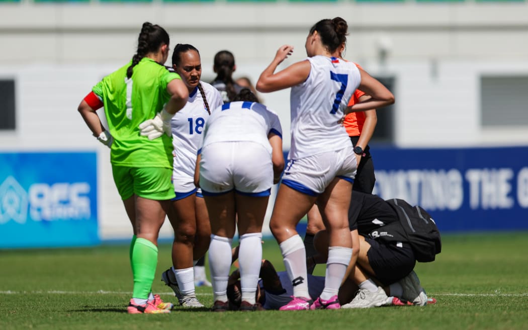 Samoa’s Tielua Baptista goes down injured during FIFA Women's World Cup Qualifiers 2027, OFC Qualifiers.