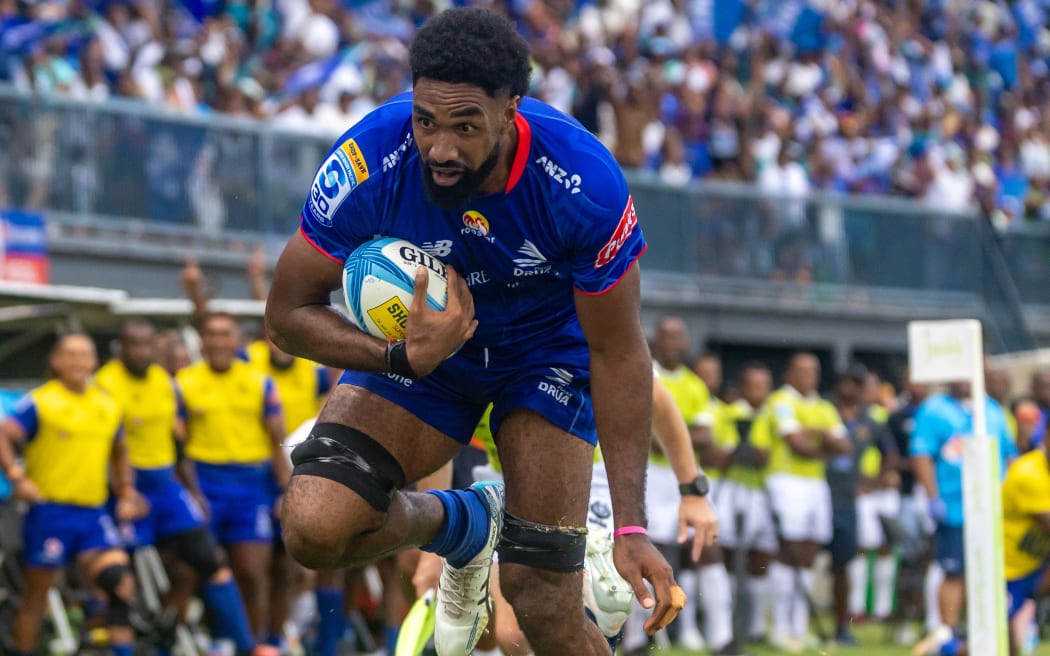 Atonia Waqa of the Fijian Drua score a try during the round five Super Rugby match between Fijian Drua and ACT Brumbies at Four R Stadium.