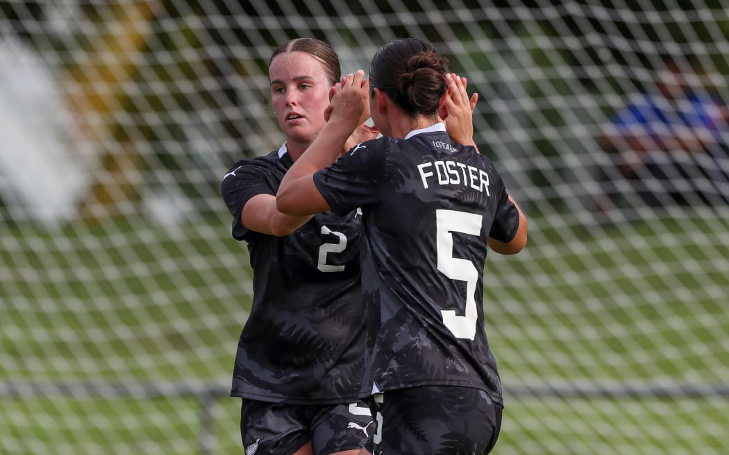 New Zealand's Kate Taylor celebrates her goal with New Zealand's Michaela Foster. Women's Olympic Football Tournament, Oceania Qualifier, New Zealand v Samoa, FFS Football Stadium Apia, Samoa, Saturday 10 February 2024. Photo: Shane Wenzlick / www.photosport.nz