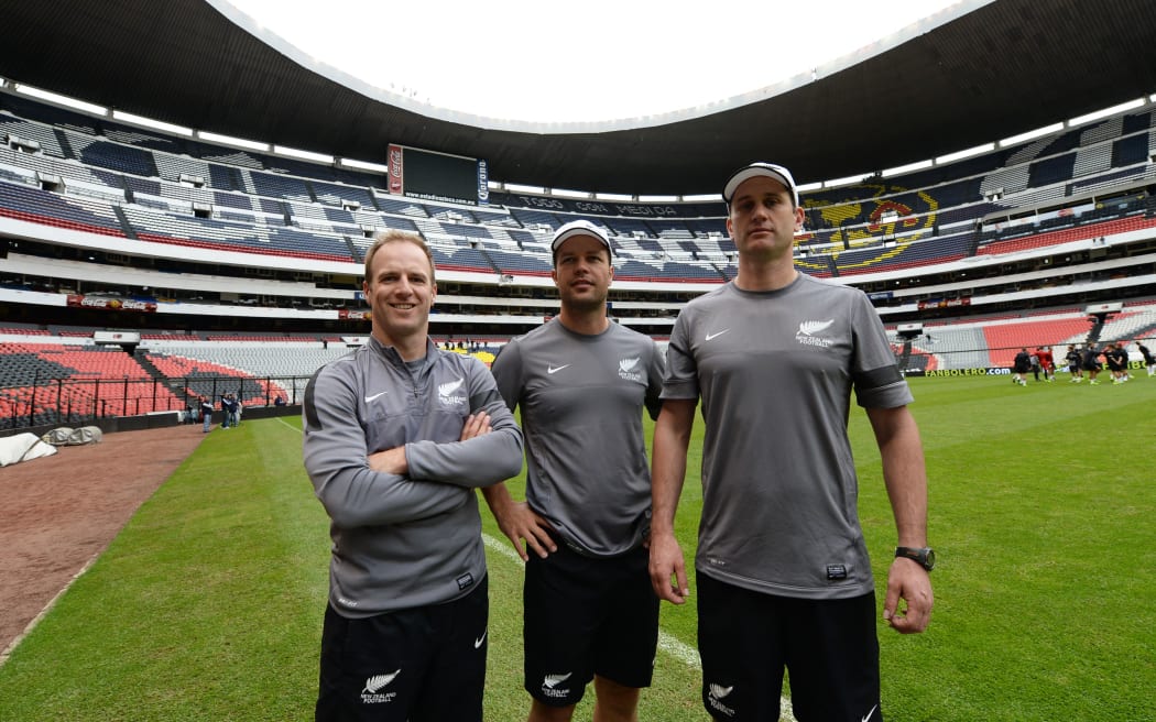 Support staff Mark Fulcher, Wade Irvine and Roland Jeffery at Estadio Azteca for the All Whites final training session in Mexico City ahead of FIFA World Cup 2014 Intercontinental qualifying match in 2013.