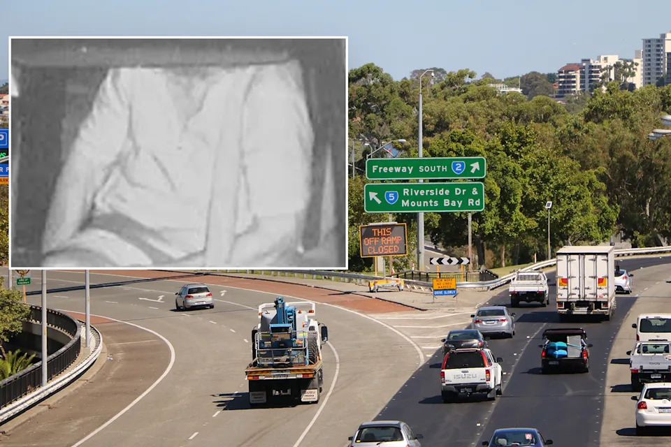 Inset: Grandmother not wearing seatbelt correctly. Main image: Highway in Perth. 