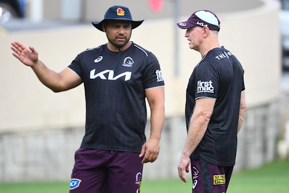 Assistant coach Ben Te’o and head coach Michael Maguire at Broncos training.