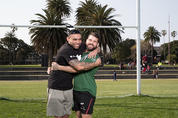 Great mates: Merritt with Adam Reynolds at Redfern Oval in 2018.