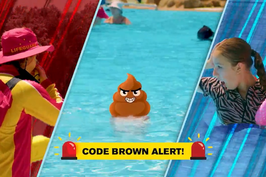 A screenshot from a Mackay council ad shows kids shocked by an animated poo in a pool. 
