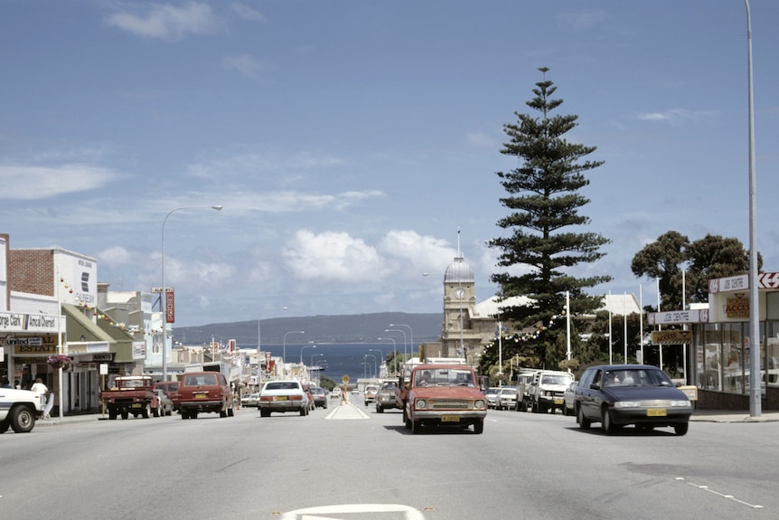 Faded and aging view down the main street of Albany in the early 1990s.