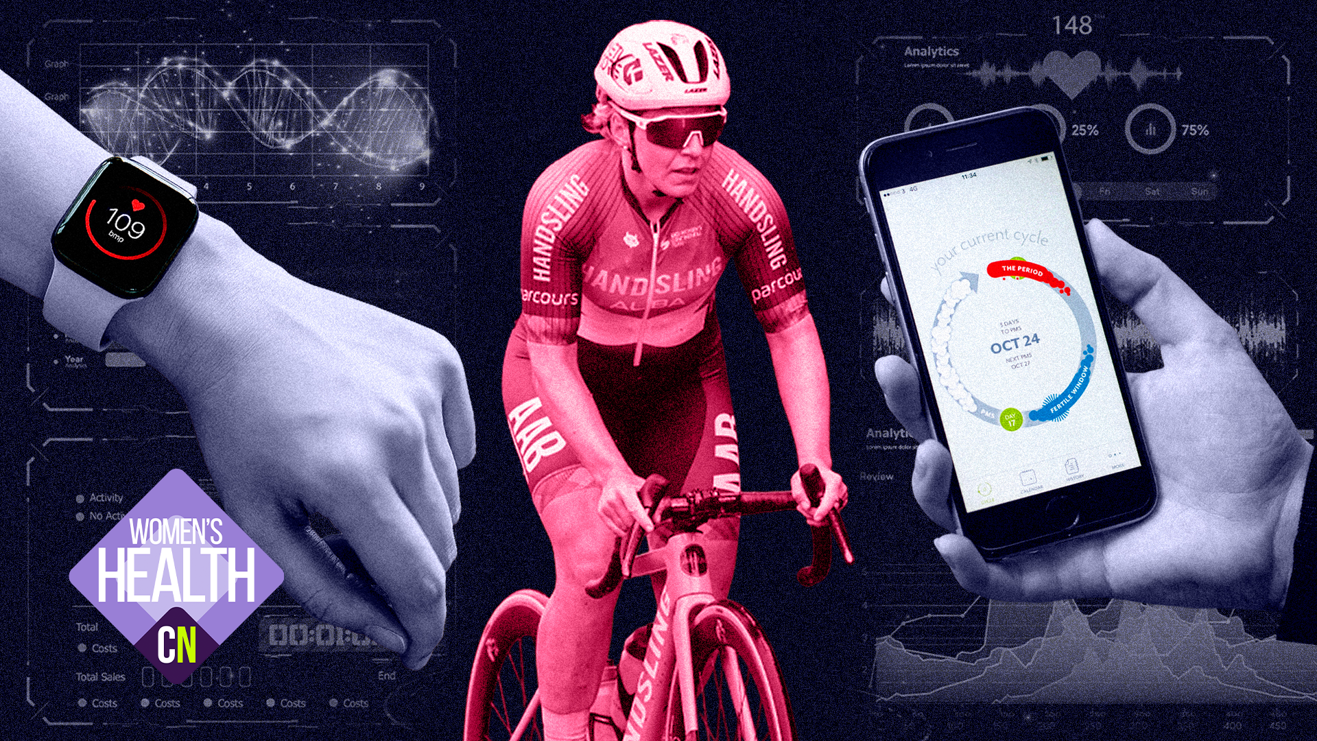 Female cyclist and health trackers