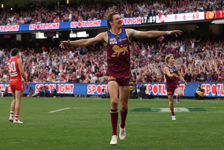 Joe Daniher celebrates a grand final goal against Sydney