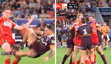 Brisbane Broncos vs Dolphins leads to brawl after Tom Gilbert tackle on Reece Walsh in NRL clash
