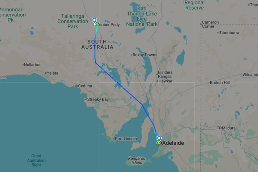 A flight map showing Adelaide to Coober Pedy