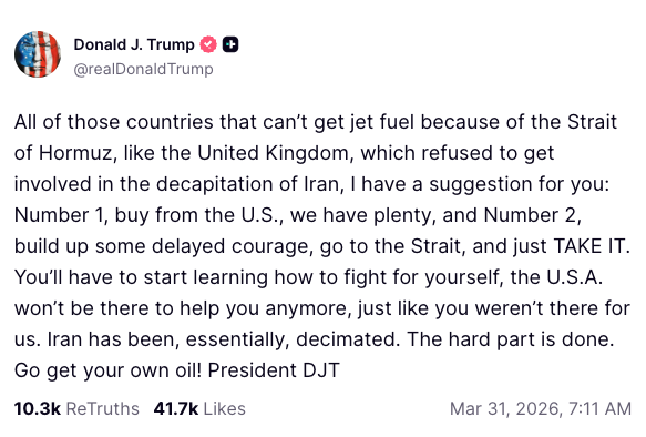 Donald Trump on Truth Social: "...The hard part is done. Go get your own oil!"