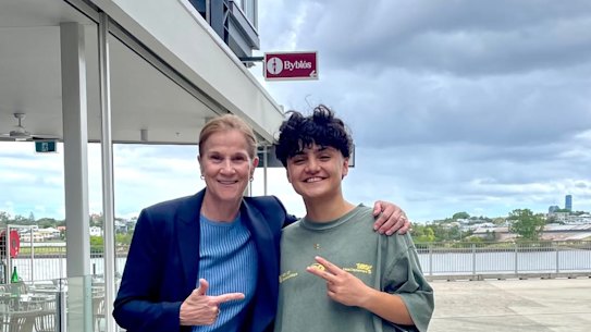 Iranian soccer player Fatemeh Pasandideh with FIFA executive and former US women’s coach Jill Ellis.